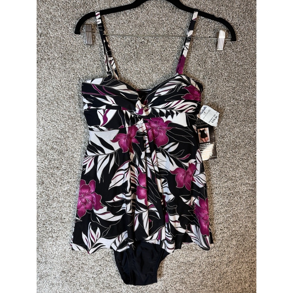 Shore Shapes Black Pink Floral Swimdress One-Piece Swimsuit Size 8 New with Tags